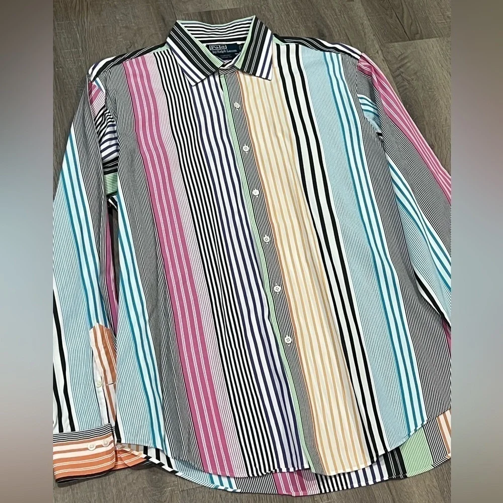 Mens Polo Ralph Lauren 17 XL Color Block Logo Curham Custom Fit Multicolor Shirt